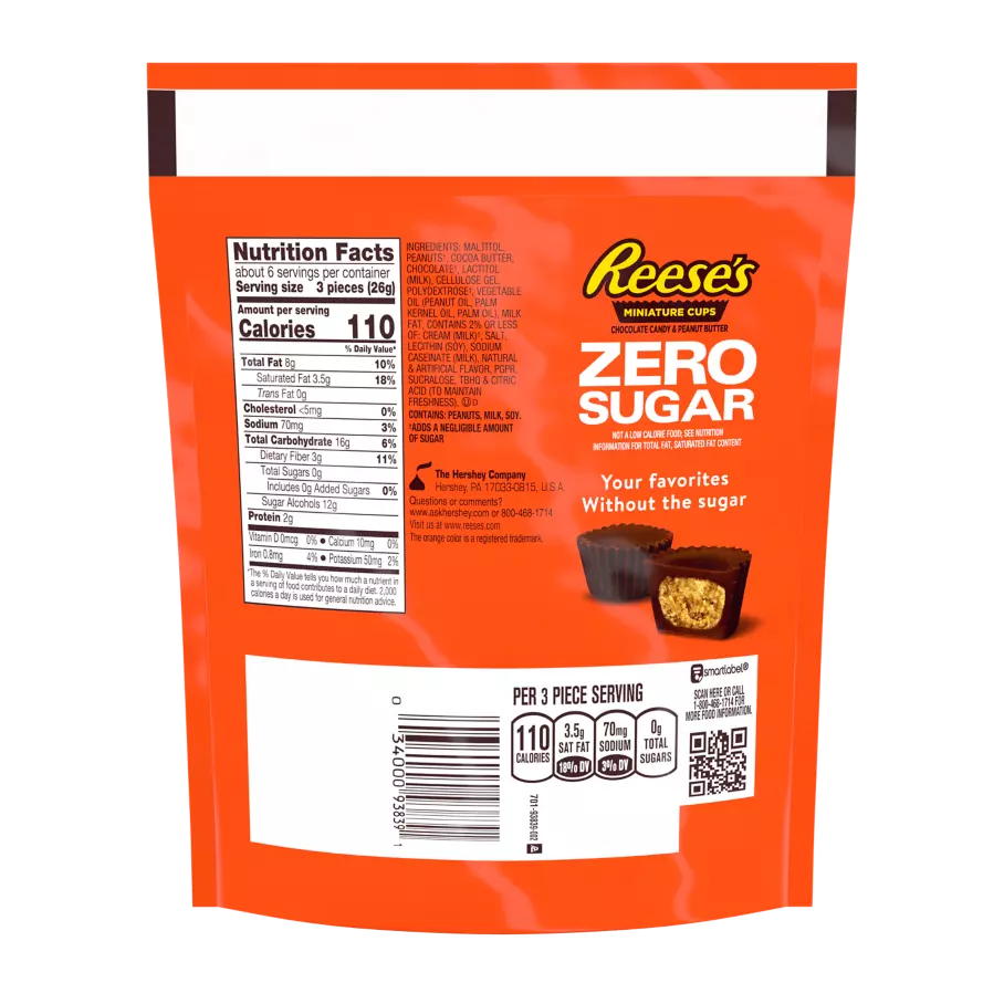 REESE'S Zero Sugar Miniatures Chocolate Candy Peanut Butter Cups, 5.1 oz bag - Back of Package