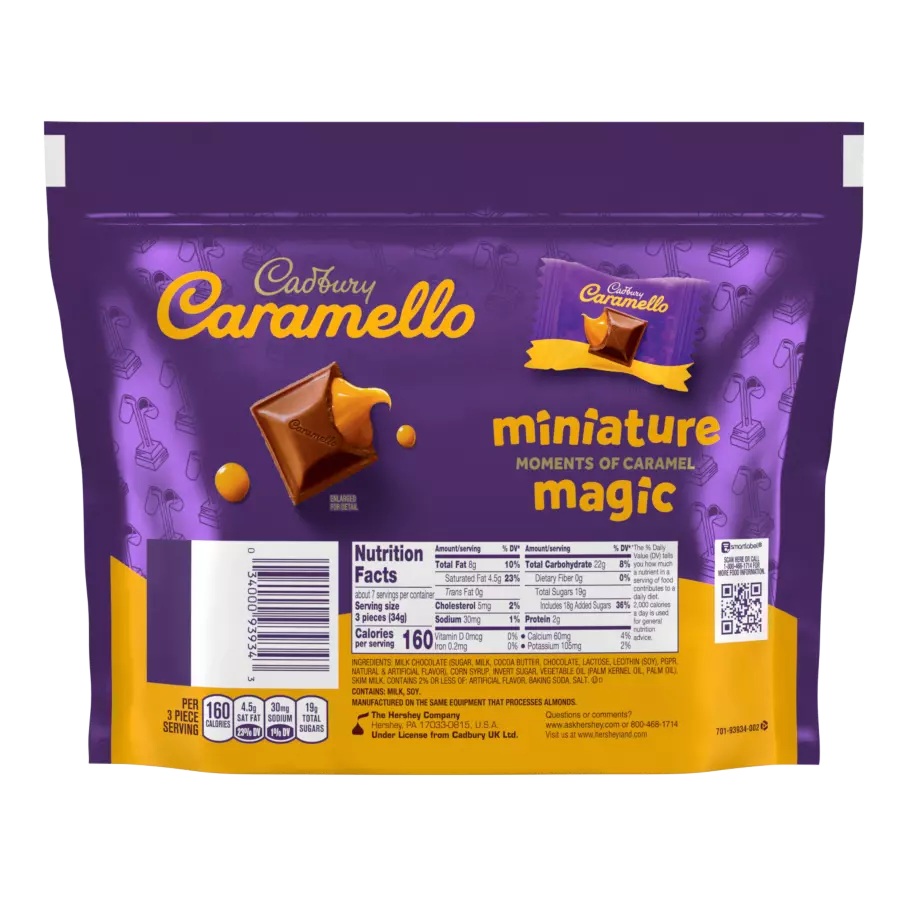 CADBURY CARAMELLO Miniatures Milk Chocolate & Creamy Caramel Candy, 8 oz bag - Back of Package