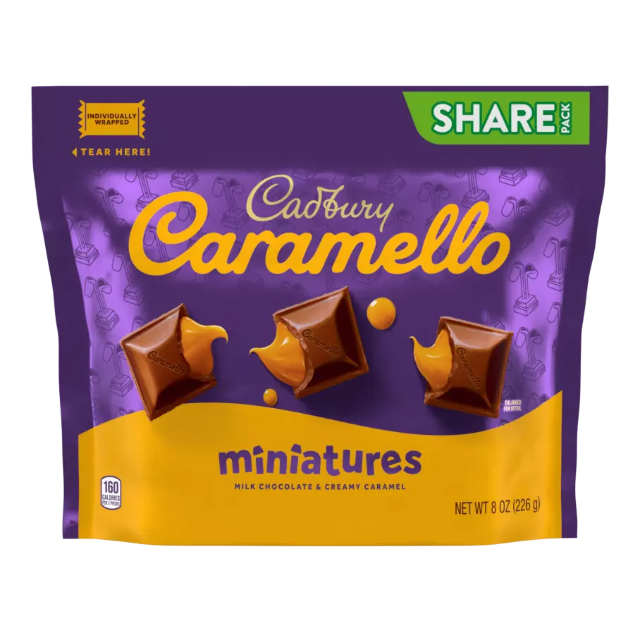 CADBURY CARAMELLO Miniatures Milk Chocolate & Creamy Caramel Candy, 8 oz bag - Front of Package