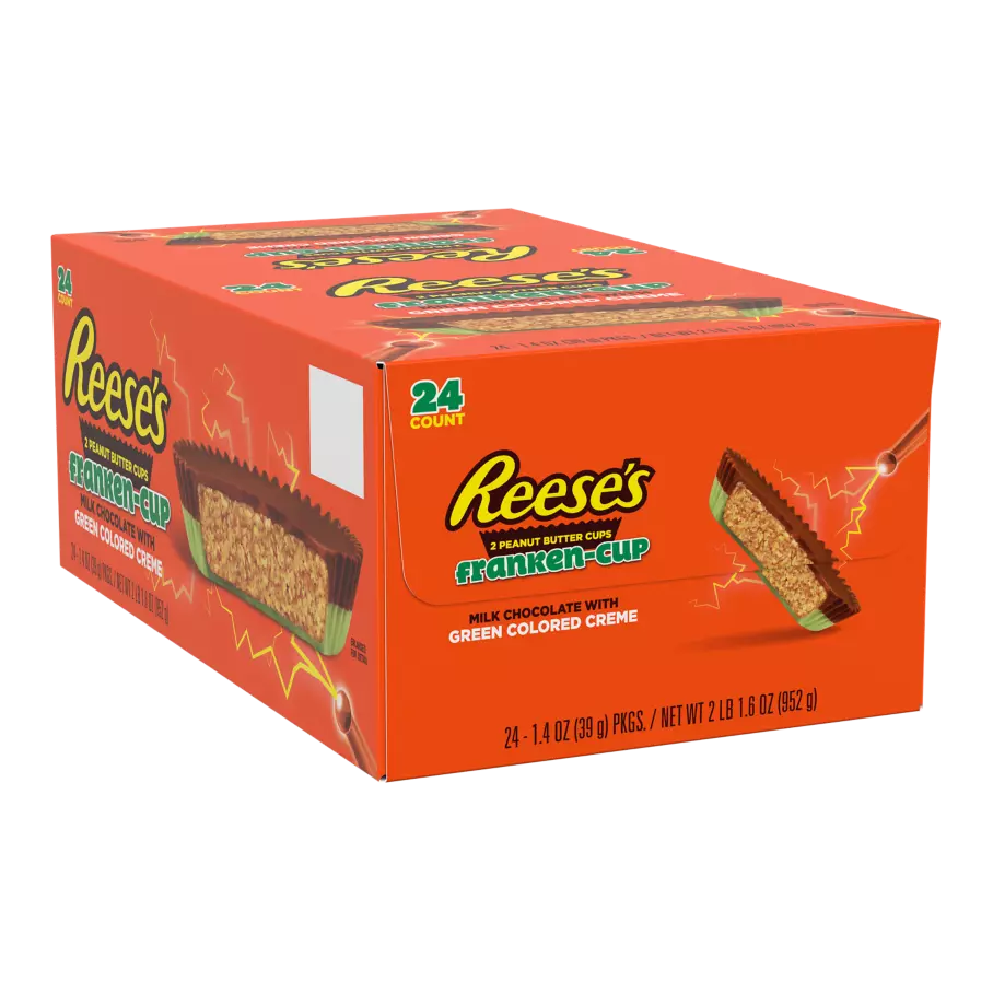 REESE'S Franken-Cup Milk Chocolate Peanut Butter Cups, 1.4 oz, 24 count box - Front of Package