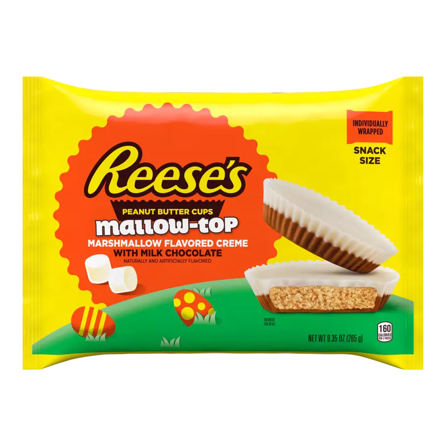 REESE'S Mallow-Top Marshmallow Creme with Milk Chocolate Snack Size Peanut Butter Cups, 9.35 oz bag - Front of Package