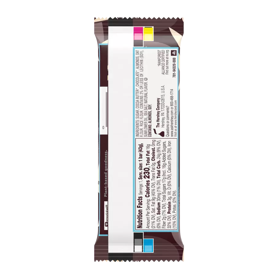 HERSHEY'S Plant Based Oat Chocolate Confection Almond & Sea Salt Candy Bars, 1.55 oz - Back of Package