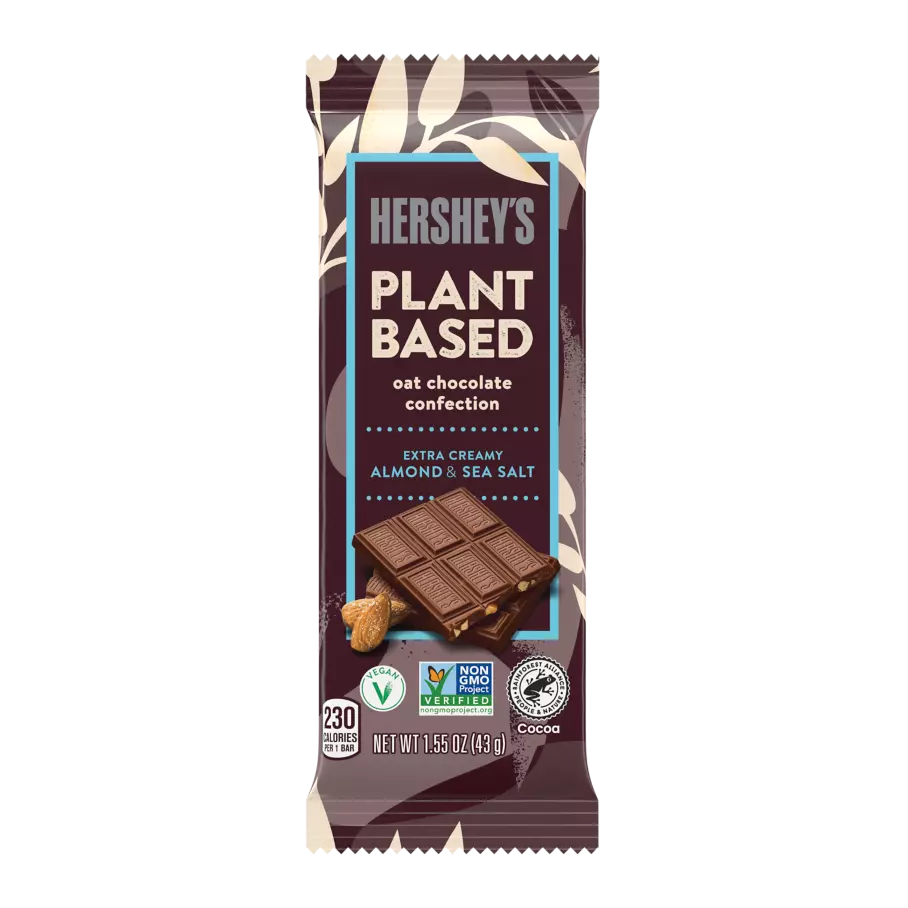 HERSHEY'S Plant Based Oat Chocolate Confection Almond & Sea Salt Candy Bars, 1.55 oz - Front of Package