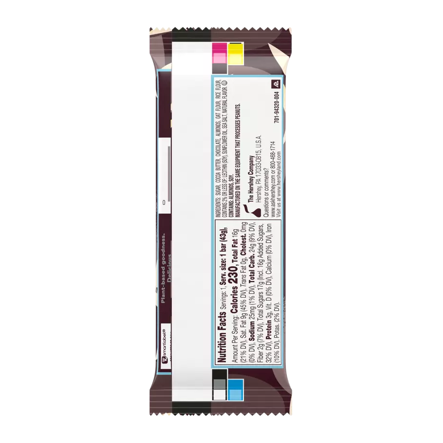 HERSHEY'S Plant Based Oat Chocolate Confection Almond & Sea Salt Candy Bars, 1.55 oz - Back of Package