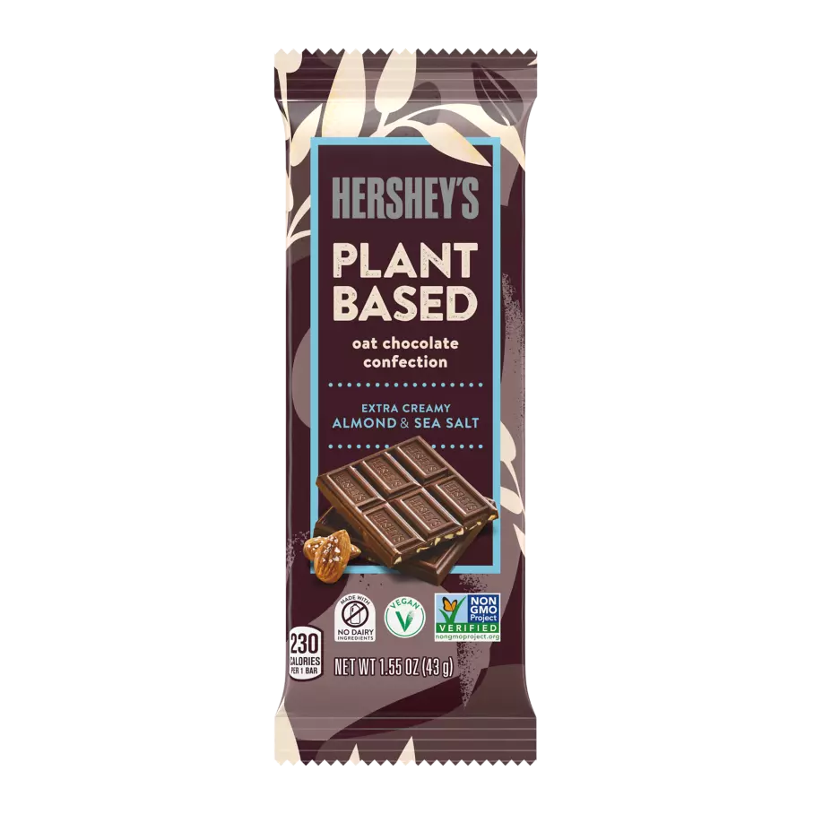 HERSHEY'S Plant Based Oat Chocolate Confection Almond & Sea Salt Candy Bars, 1.55 oz - Front of Package