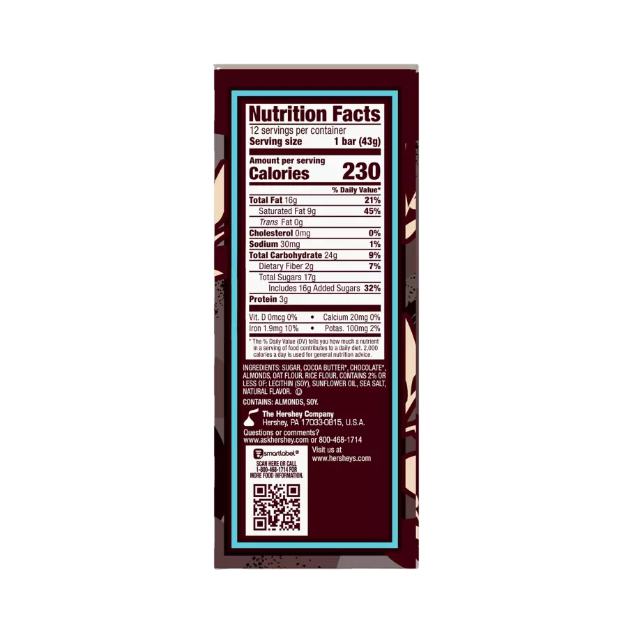 HERSHEY'S Plant Based Oat Chocolate Confection Almond & Sea Salt Candy Bars, 1.55 oz, 12 count box - Back of Package