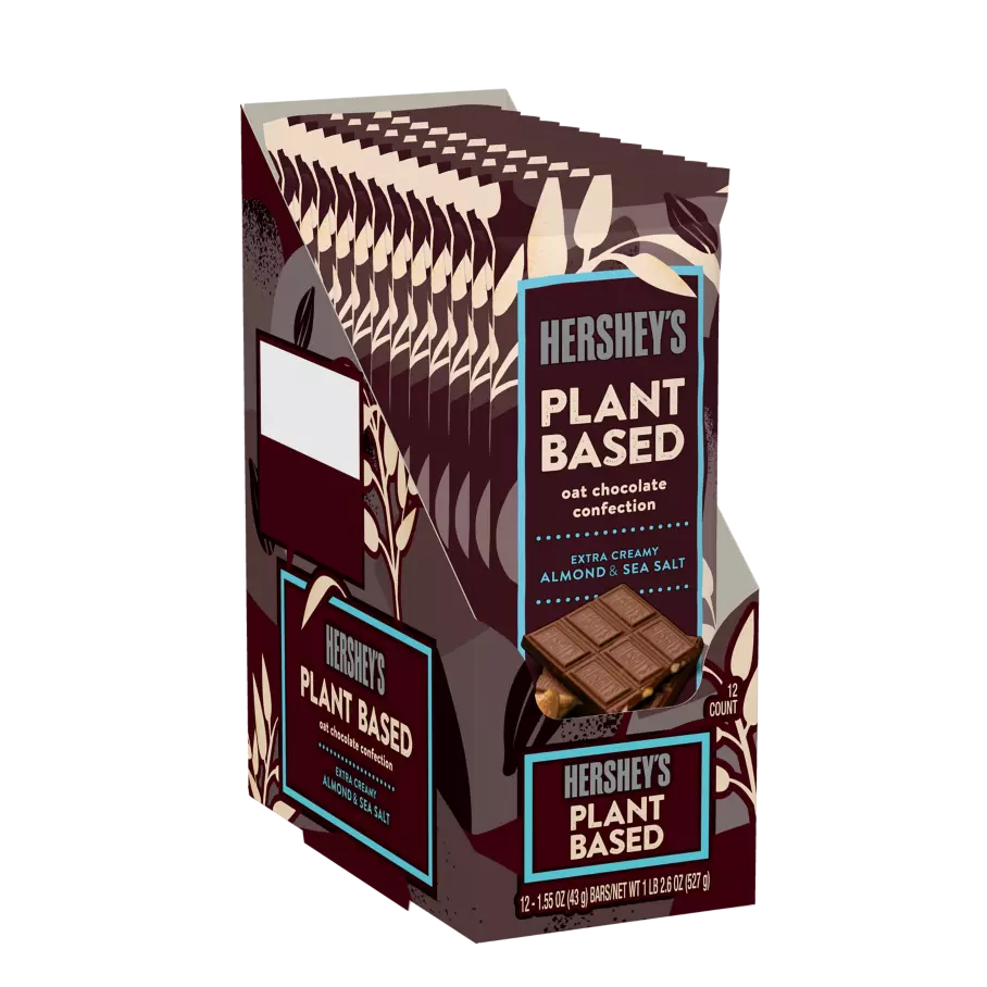 HERSHEY'S Plant Based Oat Chocolate Confection Almond & Sea Salt Candy Bars, 1.55 oz, 12 count box - Front of Package