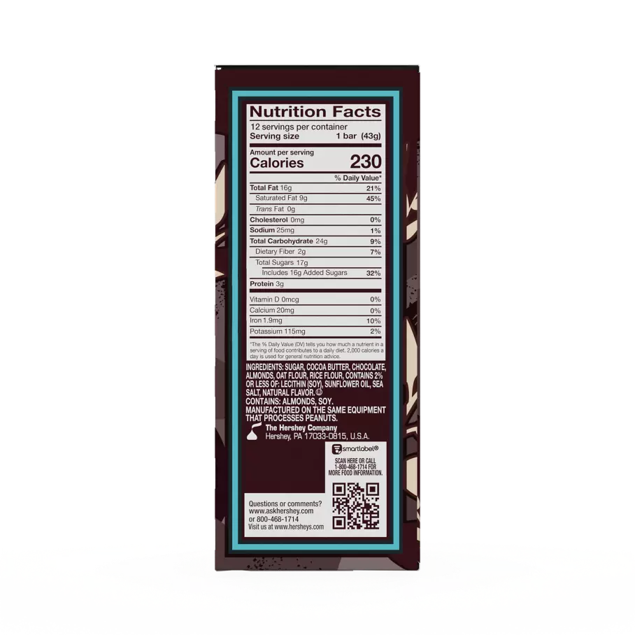 HERSHEY'S Plant Based Oat Chocolate Confection Almond & Sea Salt Candy Bars, 1.55 oz, 12 count box - Back of Package