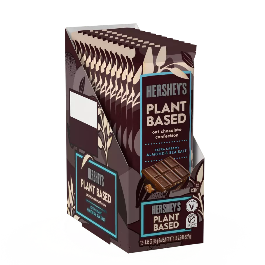 HERSHEY'S Plant Based Oat Chocolate Confection Almond & Sea Salt Candy Bars, 1.55 oz, 12 count box - Front of Package