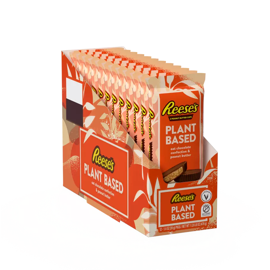 REESE'S Plant Based Oat Chocolate Confection & Peanut Butter Cups, 1.4 oz, 12 count box - Front of Package