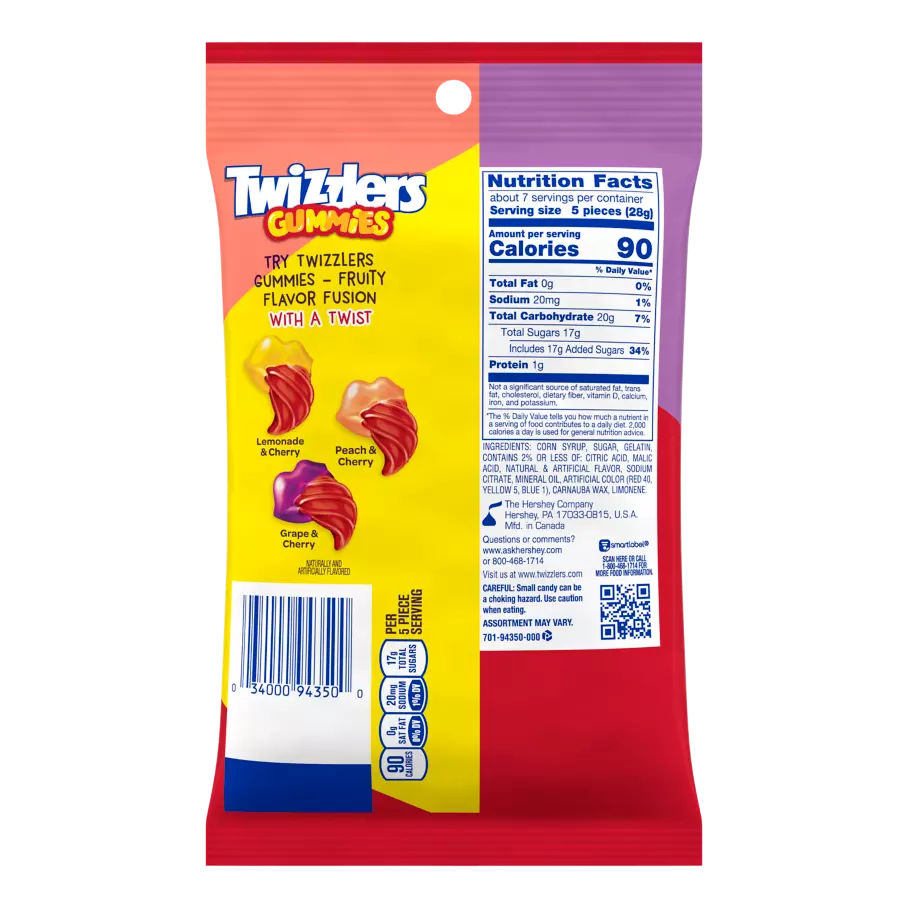 TWIZZLERS Gummies Original Flavors Candy, 7 oz bag - Back of Package