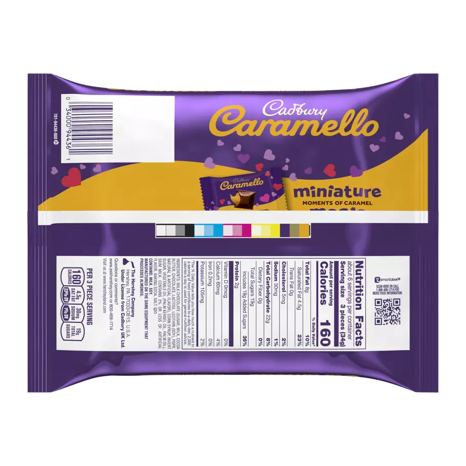 CADBURY CARAMELLO Valentine's Milk Chocolate & Creamy Caramel Miniatures Candy Bars, 7.5 oz bag - Back of Package