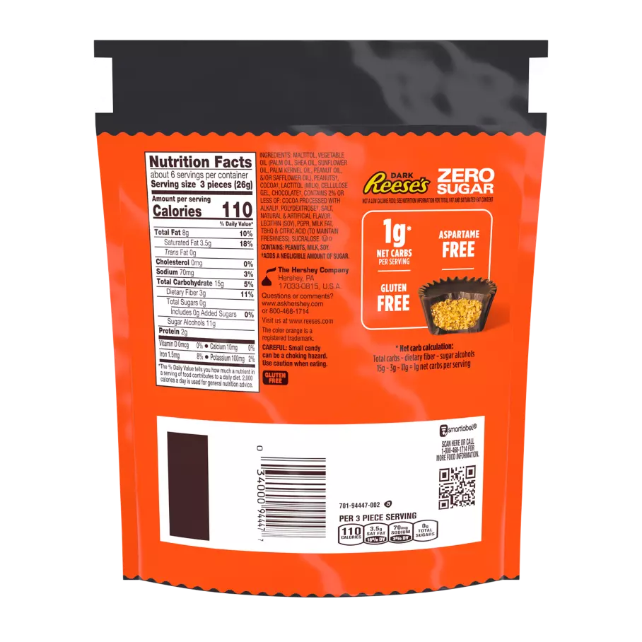 Dark REESE'S Zero Sugar Miniatures Chocolate Candy Peanut Butter Cups, 5.1 oz bag - Back of Package