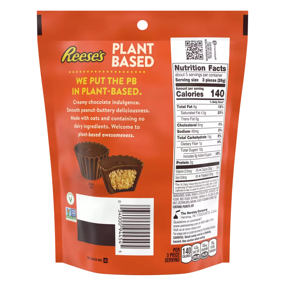 REESE'S Plant Based Miniatures Oat Chocolate Confection & Peanut Butter Cups, 4.5 oz bag - Back of Package