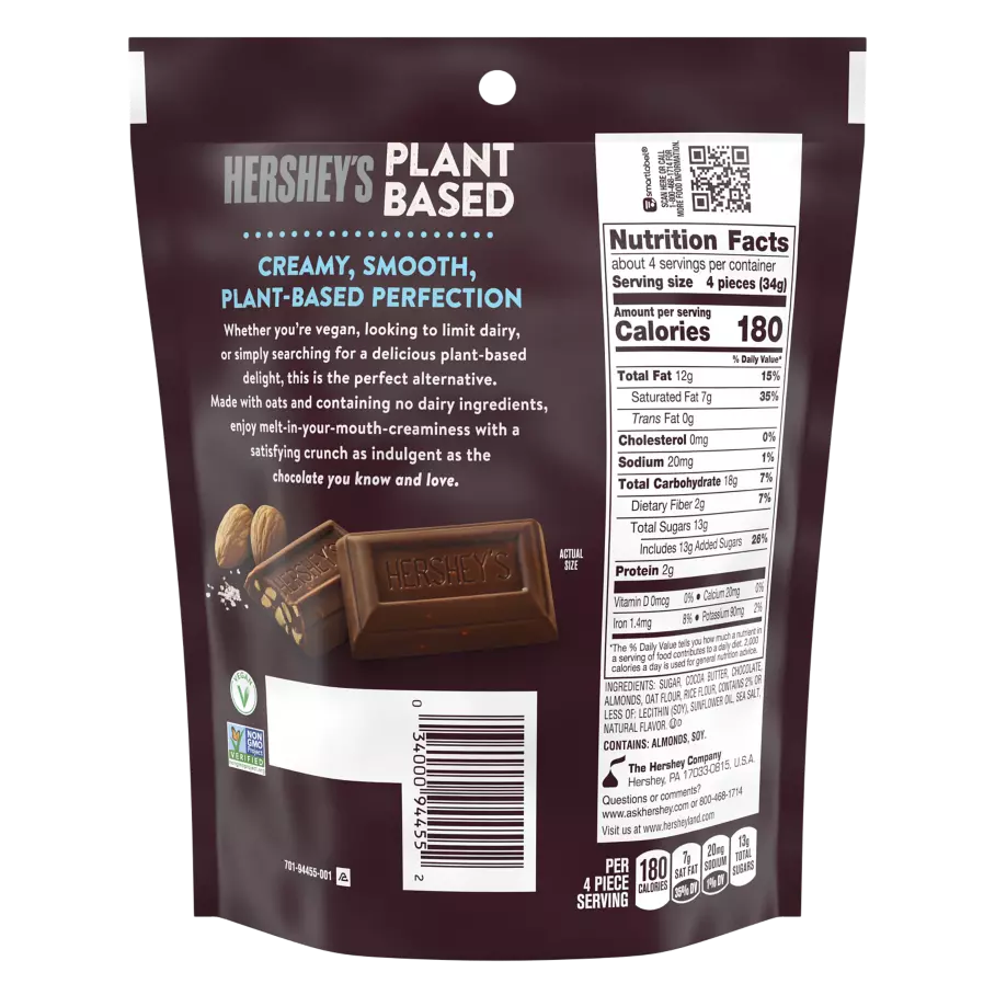 HERSHEY'S Plant Based Miniatures Oat Chocolate Confection Almond & Sea Salt Candy, 4.5 oz bag - Back of Package