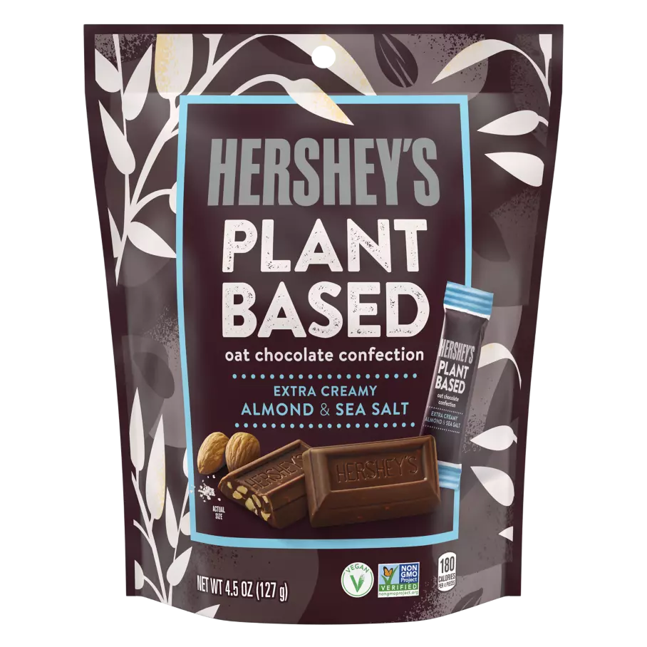 HERSHEY'S Plant Based Miniatures Oat Chocolate Confection Almond & Sea Salt Candy, 4.5 oz bag - Front of Package