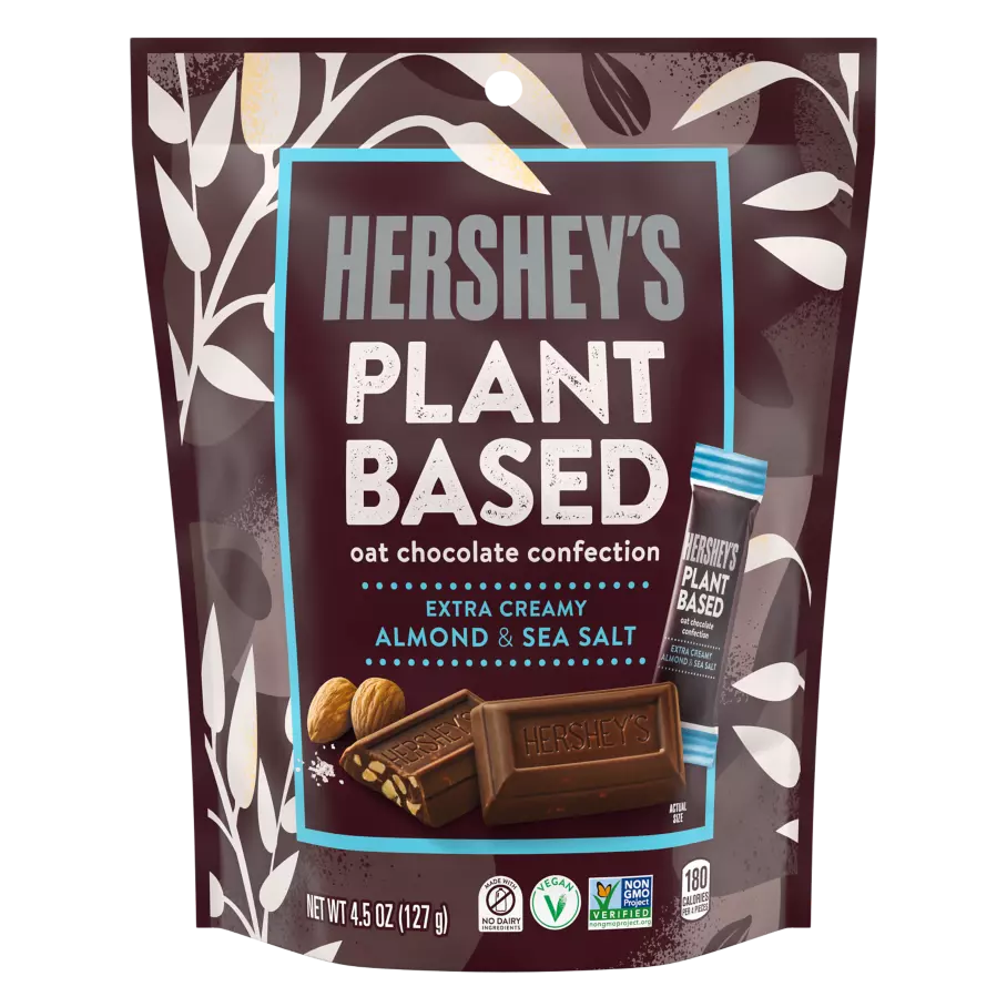 HERSHEY'S Plant Based Miniatures Oat Chocolate Confection Almond & Sea Salt Candy, 4.5 oz bag - Front of Package
