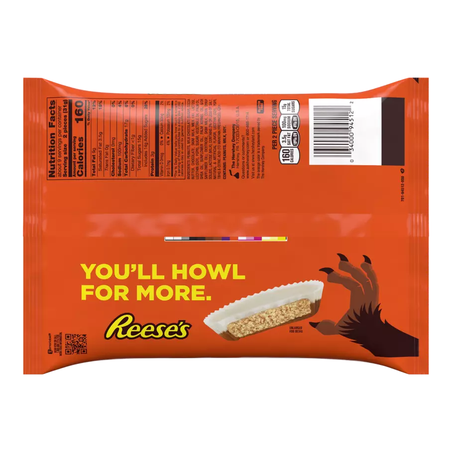 REESE'S Werewolf Tracks Milk Chocolate Snack Size Peanut Butter Cups, 9.35 oz bag - Back of Package
