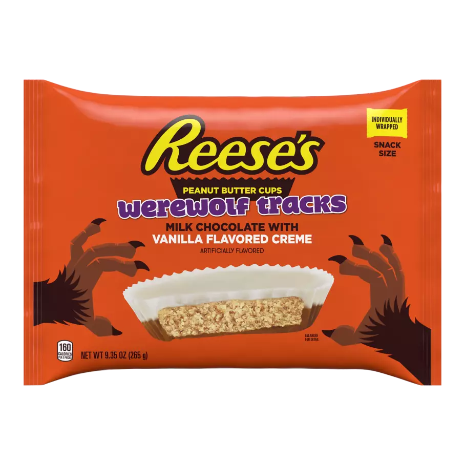 REESE'S Werewolf Tracks Milk Chocolate Snack Size Peanut Butter Cups, 9.35 oz bag - Front of Package