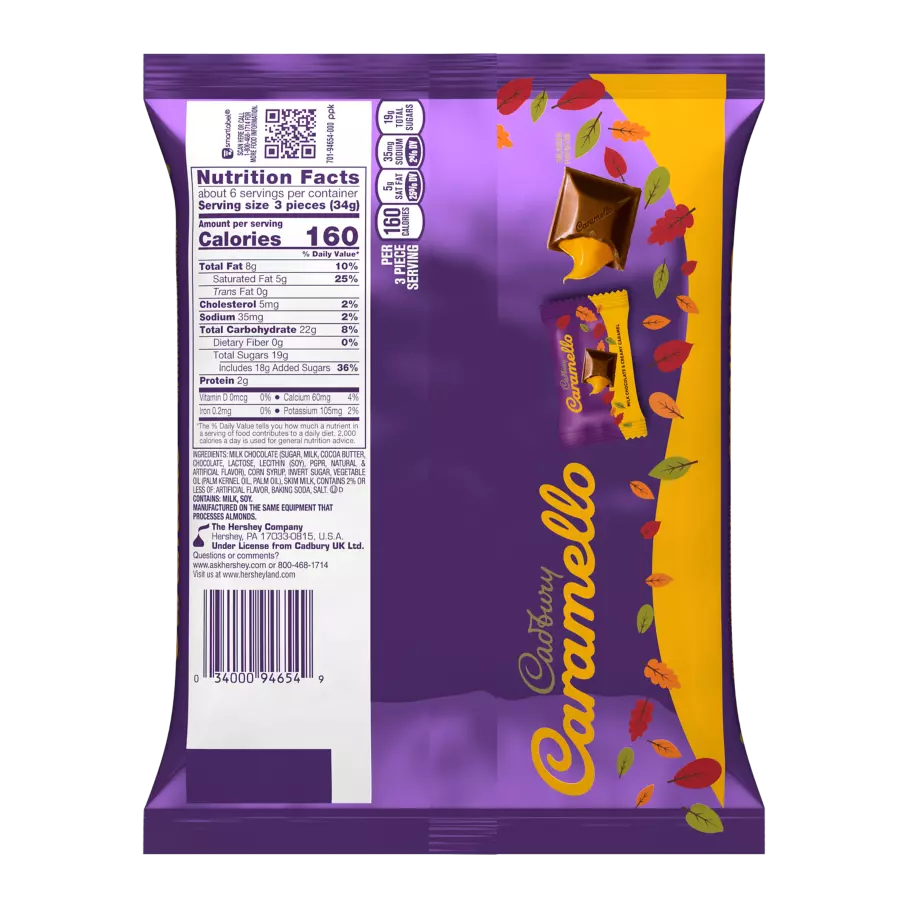 CADBURY CARAMELLO Fall Milk Chocolate & Creamy Caramel Miniatures Candy, 7.6 oz bag - Back of Package