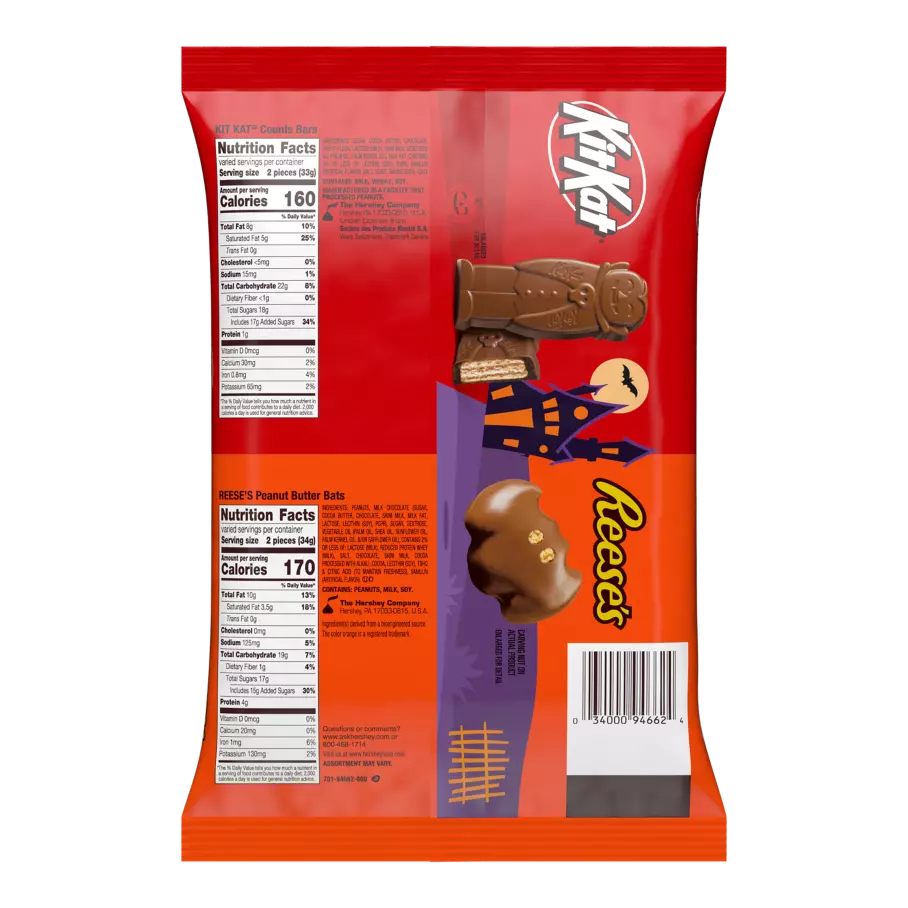 Hershey Halloween Chocolate Shapes Snack Size Assortment, 18.44 oz bag, 30 pieces - Back of Package