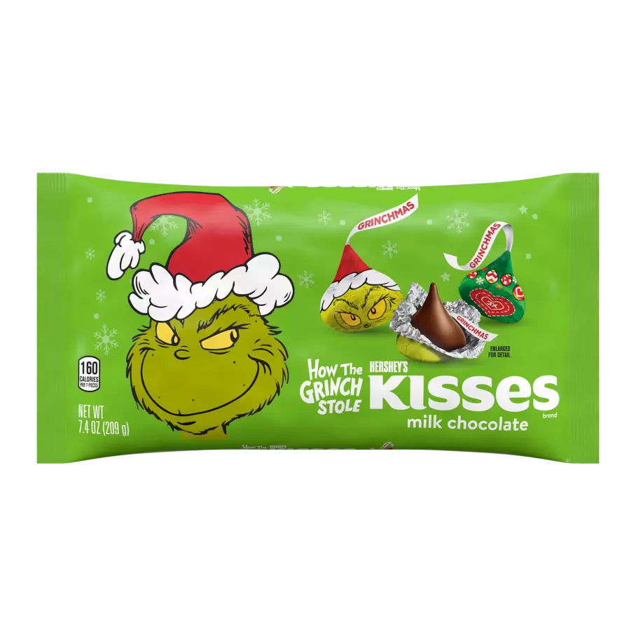 HERSHEY'S KISSES Milk Chocolates with Grinch® Foils, 7.4 oz bag - Front of Package