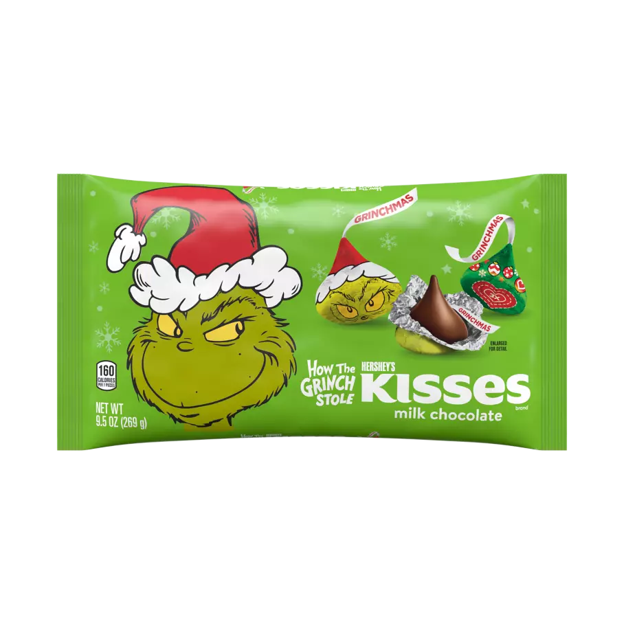 HERSHEY'S KISSES Milk Chocolates with Grinch® Foils, 9.5 oz bag - Front of Package