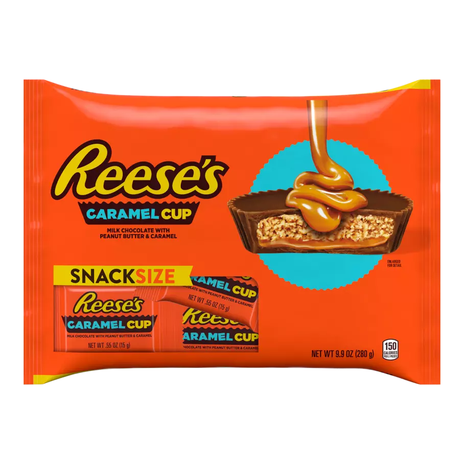 REESE'S with Caramel Milk Chocolate Snack Size Peanut Butter Cups, 9.9 oz bag - Front of Package