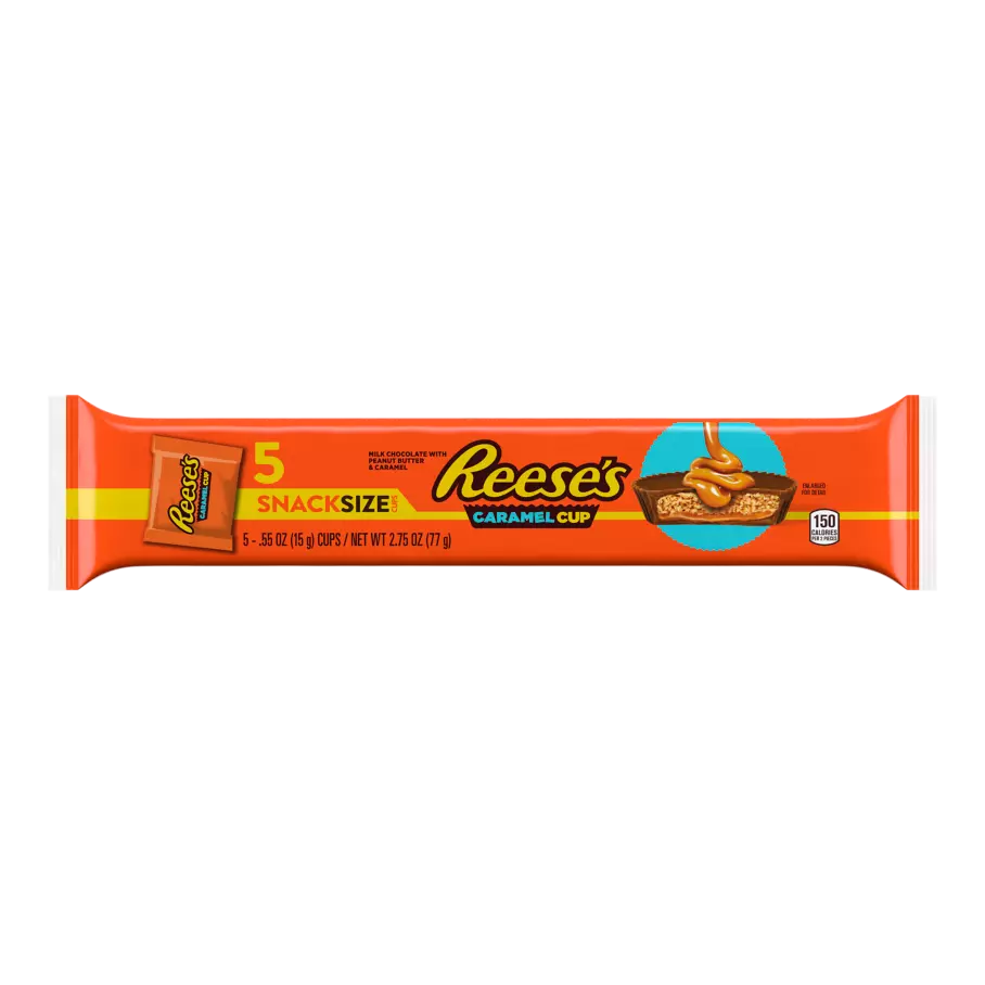 REESE'S with Caramel Milk Chocolate Snack Size Peanut Butter Cups, 2.75 oz, 5 pack - Front of Package