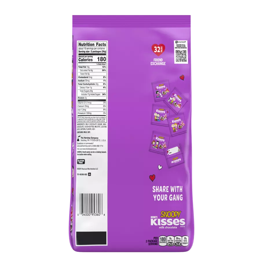 HERSHEY'S KISSES Snoopy™ & Friends Foils Milk Chocolate Candy, 20.5 oz bag, 32 pieces - Back of Package
