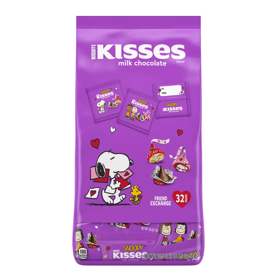 HERSHEY'S KISSES Snoopy™ & Friends Foils Milk Chocolate Candy, 20.5 oz bag, 32 pieces - Front of Package