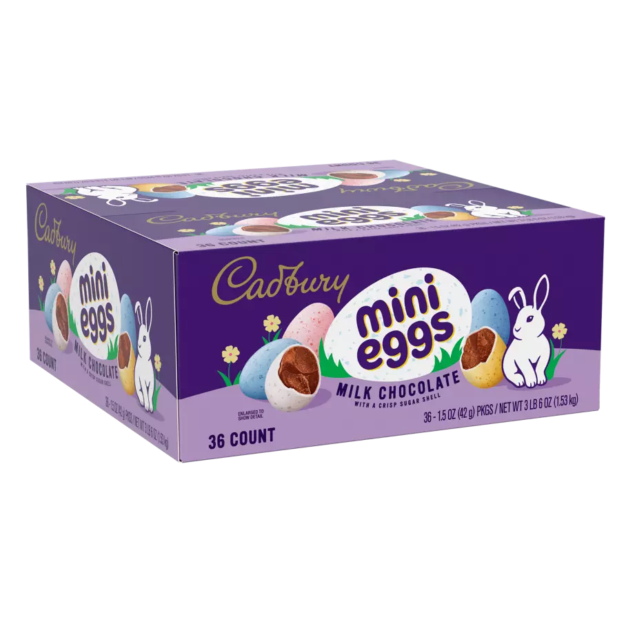 CADBURY MINI EGGS Milk Chocolate Candy, 1.5 oz bag, 36 count box - Front of Package