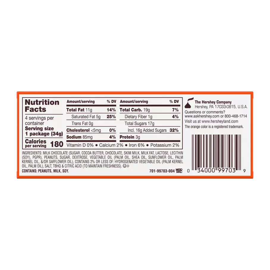 REESE'S Milk Chocolate Peanut Butter Creme Holiday Lights, 1.2 oz, 4 count box - Back of Package