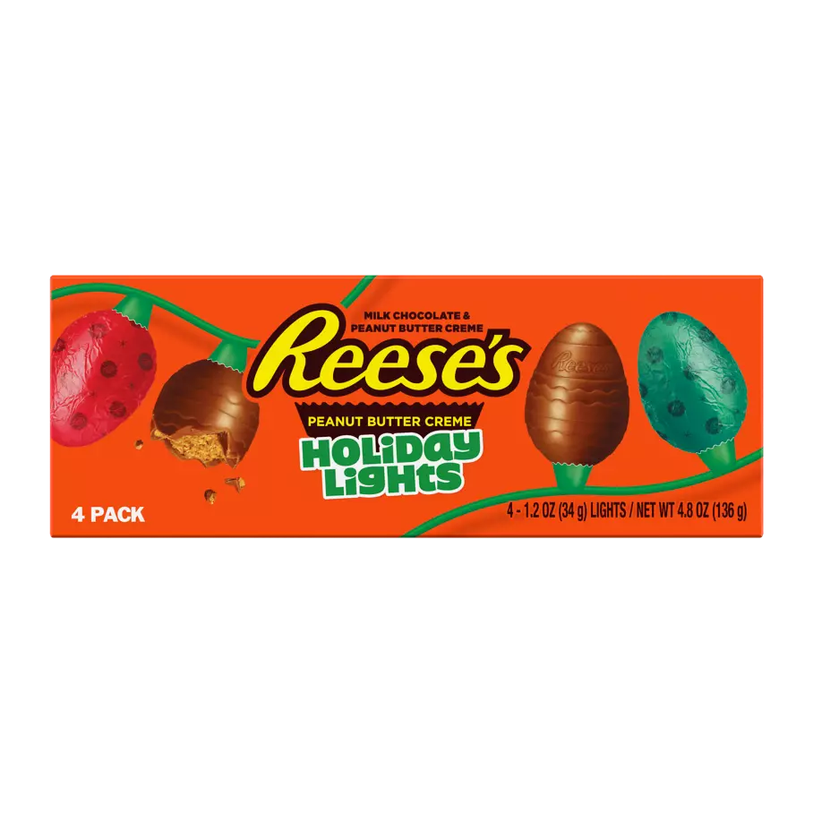 REESE'S Milk Chocolate Peanut Butter Creme Holiday Lights, 1.2 oz, 4 count box - Front of Package