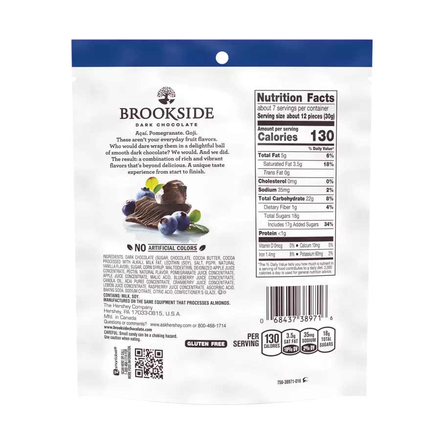 BROOKSIDE Dark Chocolate Açai and Blueberry Candy, 7 oz bag - Back of Package