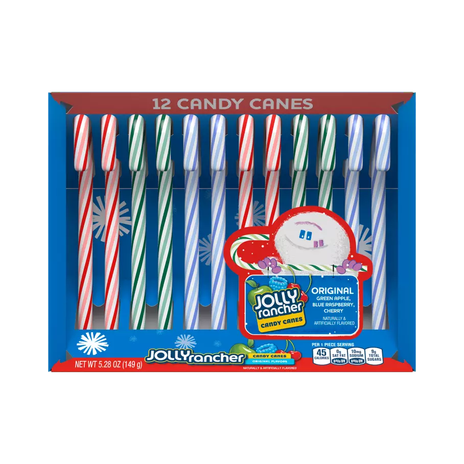 JOLLY RANCHER Holiday Original Flavors Candy Canes, 0.44 oz, 12 count box - Front of Package