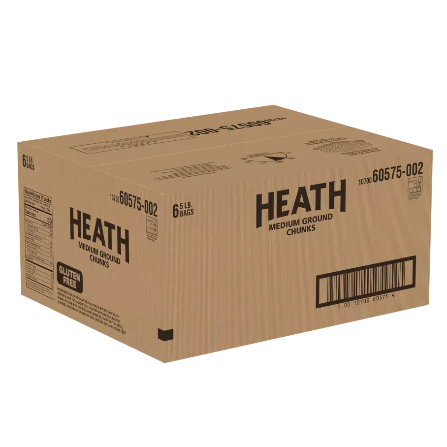 HEATH Milk Chocolate Toffee Medium Grind Ground Chunks, 30 lb box, 6 bags - Front of Package