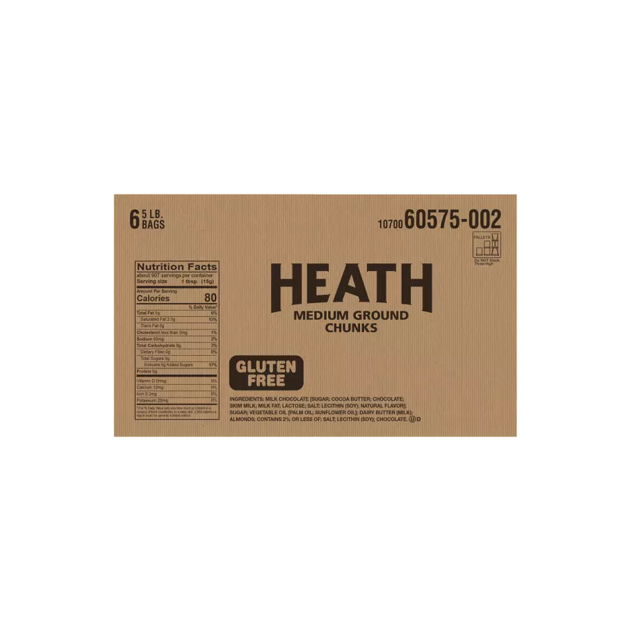 HEATH Milk Chocolate Toffee Medium Grind Ground Chunks, 30 lb box, 6 bags - Back of Package