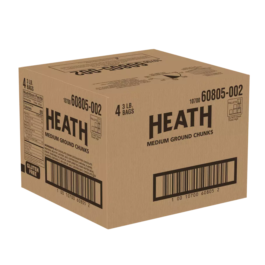 HEATH Milk Chocolate English Toffee Medium Grind Chunks, 12 lb box, 4 bags - Front of Package