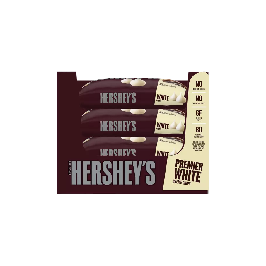HERSHEY'S Premier White Creme Chips, 9 lb box, 12 bags - Front of Package
