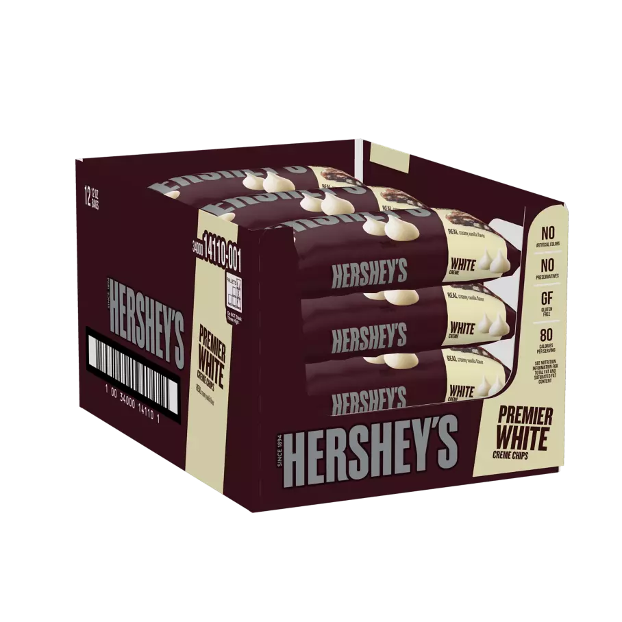 HERSHEY'S Premier White Creme Chips, 9 lb box, 12 bags - Side of Package