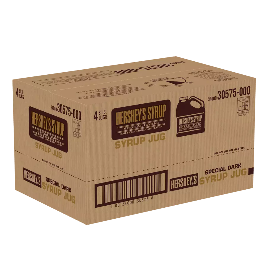 HERSHEY'S SPECIAL DARK Semi-Sweet Chocolate Syrup, 8 lbs, 4 jugs - Front of Package