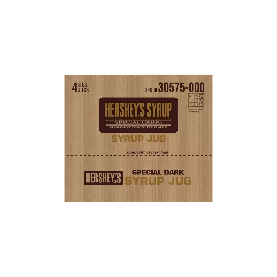 HERSHEY'S SPECIAL DARK Semi-Sweet Chocolate Syrup, 32 lb box, 4 jugs - Back of Package