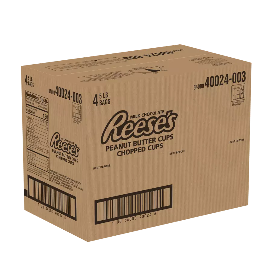 REESE'S Milk Chocolate Peanut Butter Chopped Cups, 20 lb box, 4 bags - Front of Package