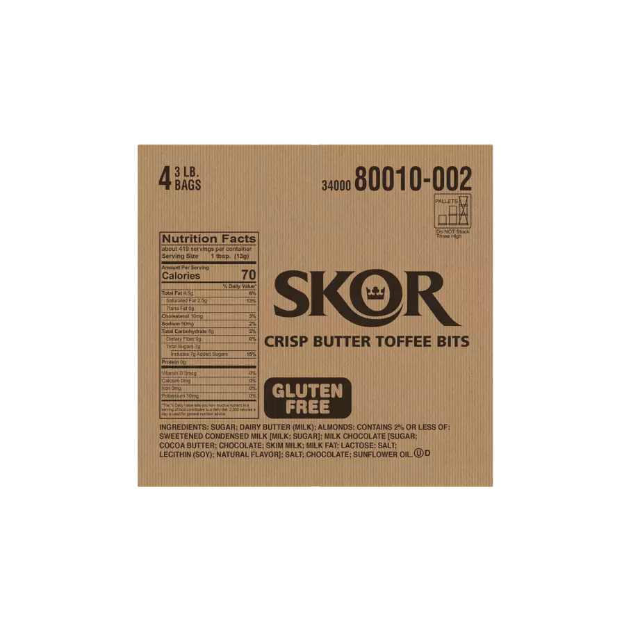 SKOR Crisp Butter Toffee Bits, 12 lb box, 4 bags - Back of Package