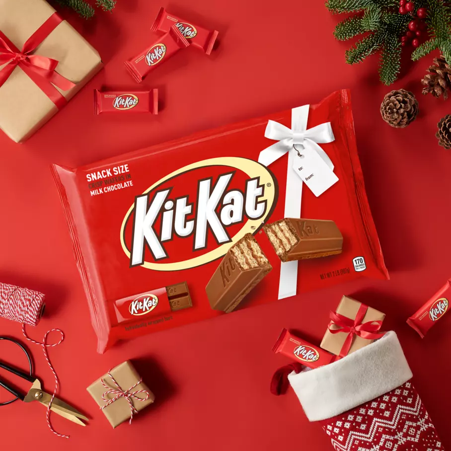 bag of kit kat holiday milk chocolate snack size candy bars beside gifts and wrapping supplies