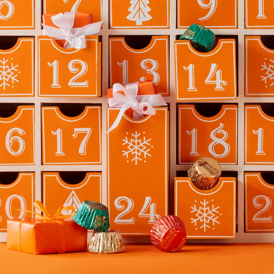 advent calendar drawers filled with reeses holiday milk chocolate miniatures peanut butter cups