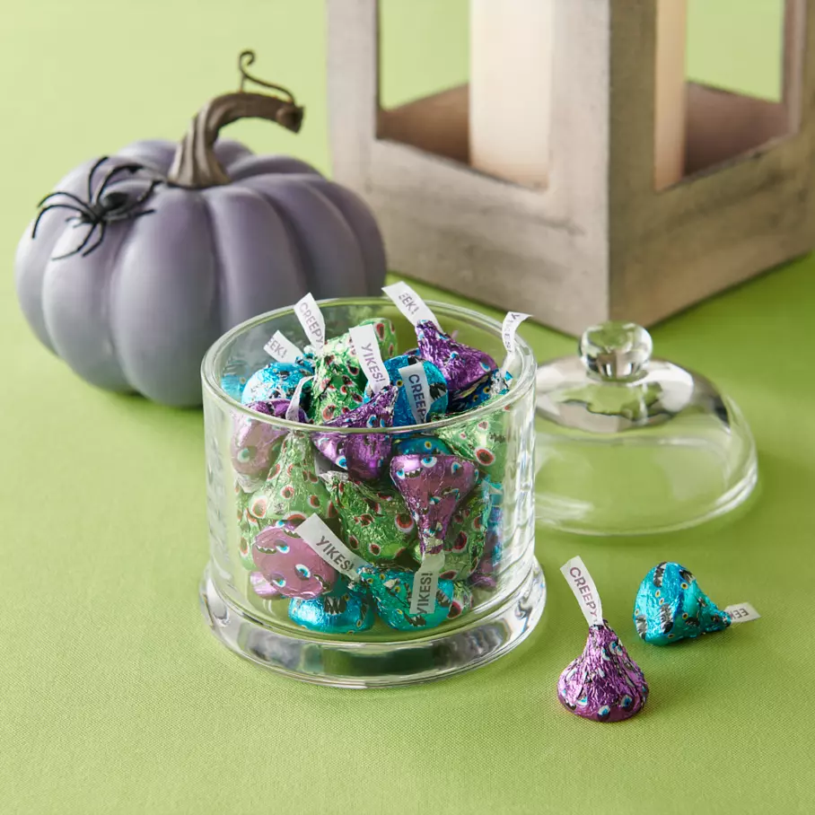 Glass jar filled with hersheys kisses monster foils milk chocolate candy