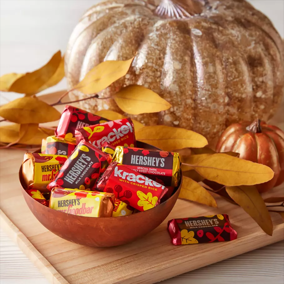 Decorative bowl full of hersheys fall harvest miniatures assorted candy bars