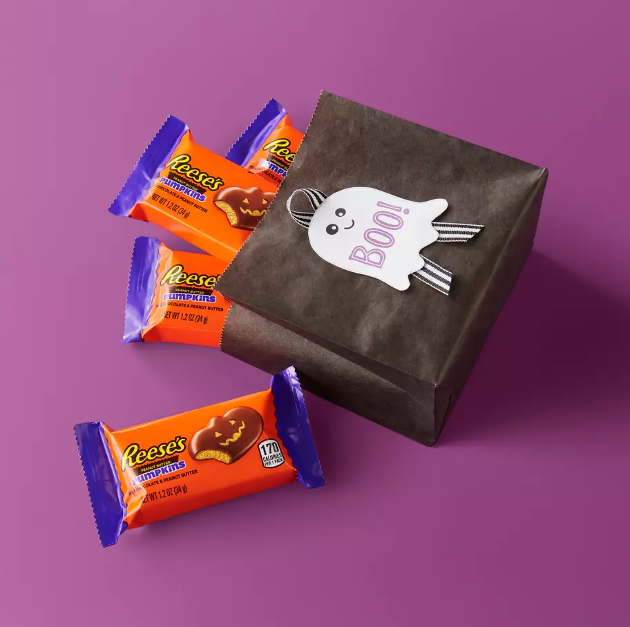 Ghost themed bag full of reeses milk chocolate peanut butter pumpkins